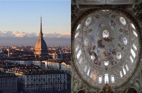 Stadtpanorama Turin (Italien), Kuppel der Wallfahrtskirche Regina Montis in Vicoforte